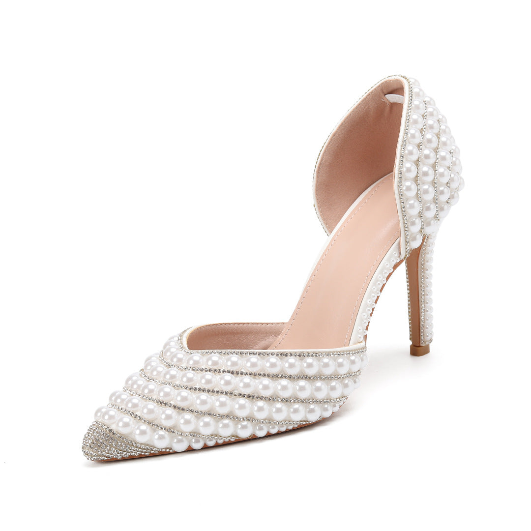 Women's Low-cut Pumps Pointed High Thin Heeled Pearl Heels