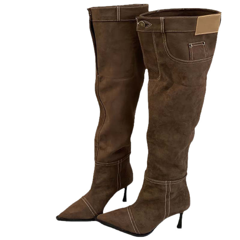 Denim Pile Style Stiletto Button Sleeve Women's Leather Boots