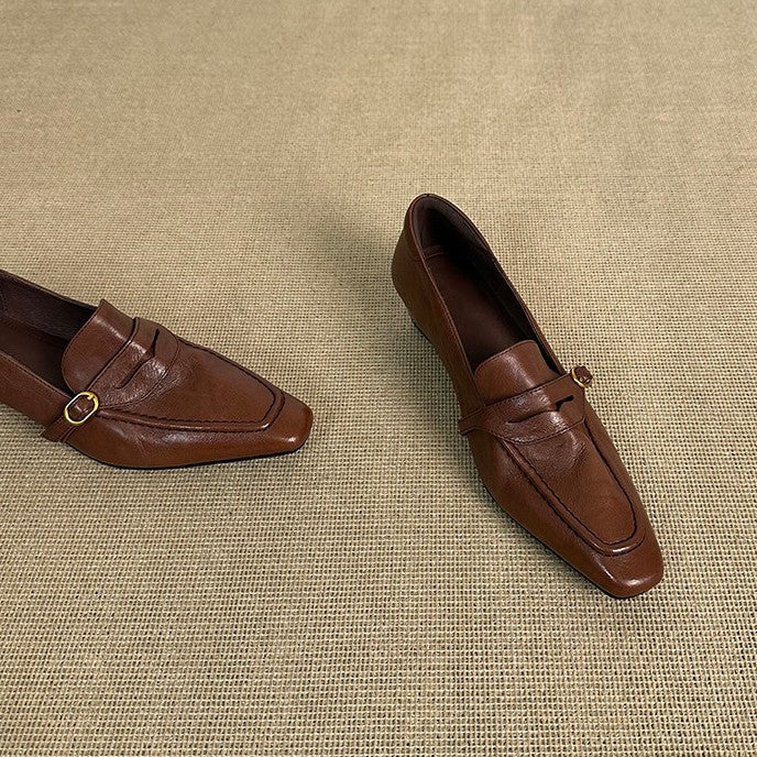 Women's Version Low Elegant Authentic French Style Commuter Slip-on Leather Shoes