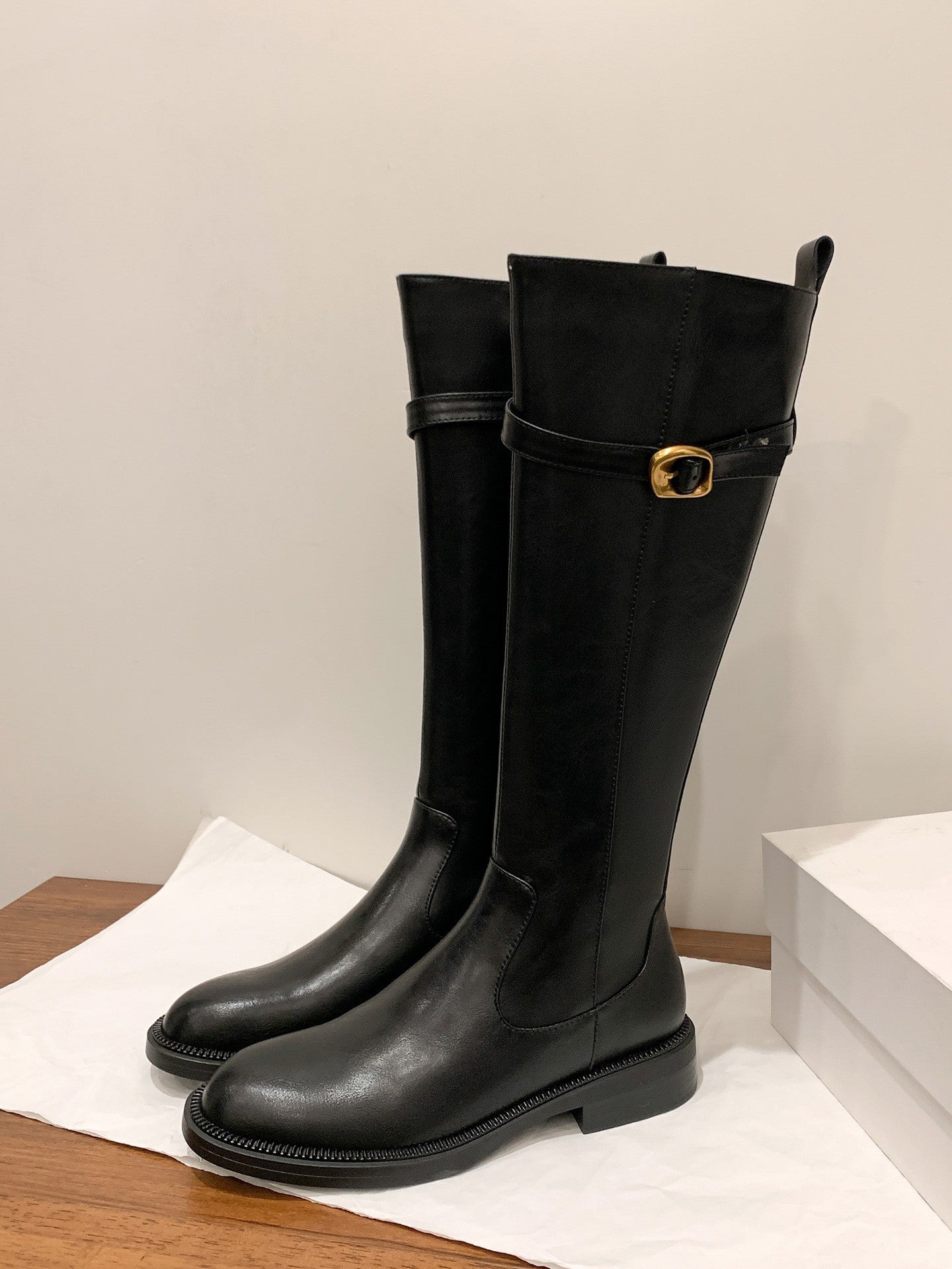 Small Golden Button Thick Bottom Chunky Tall Knight Slim Heels