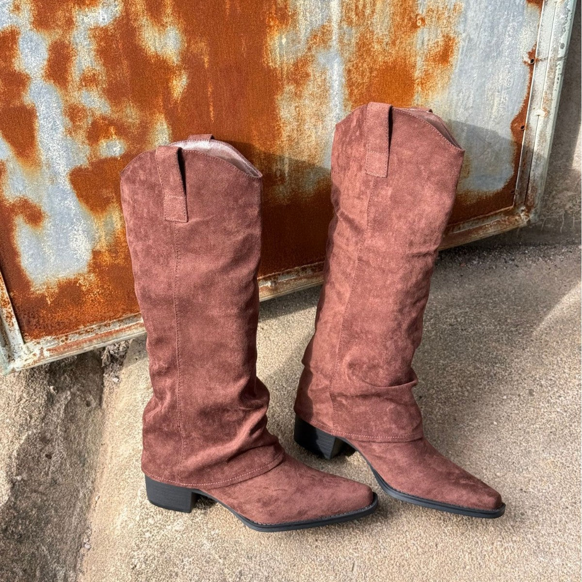 Women's High Pointed Toe Long Suede Pantyhose Pile Style Thick Women's Leather Boots