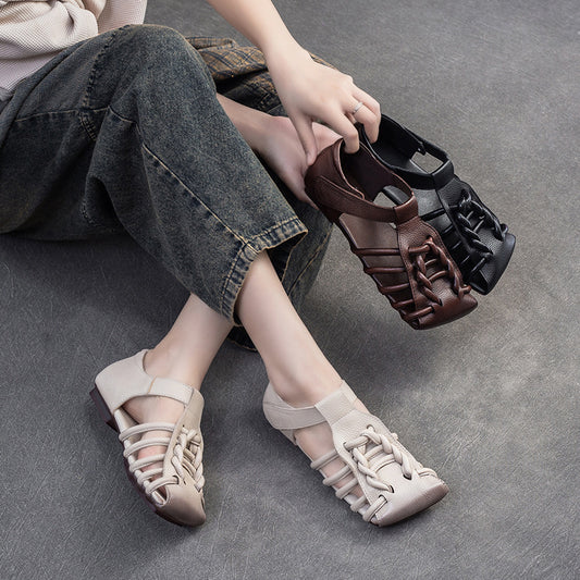 Women's Summer Woven Square Toe Breathable Hollow Retro Flat Sandals