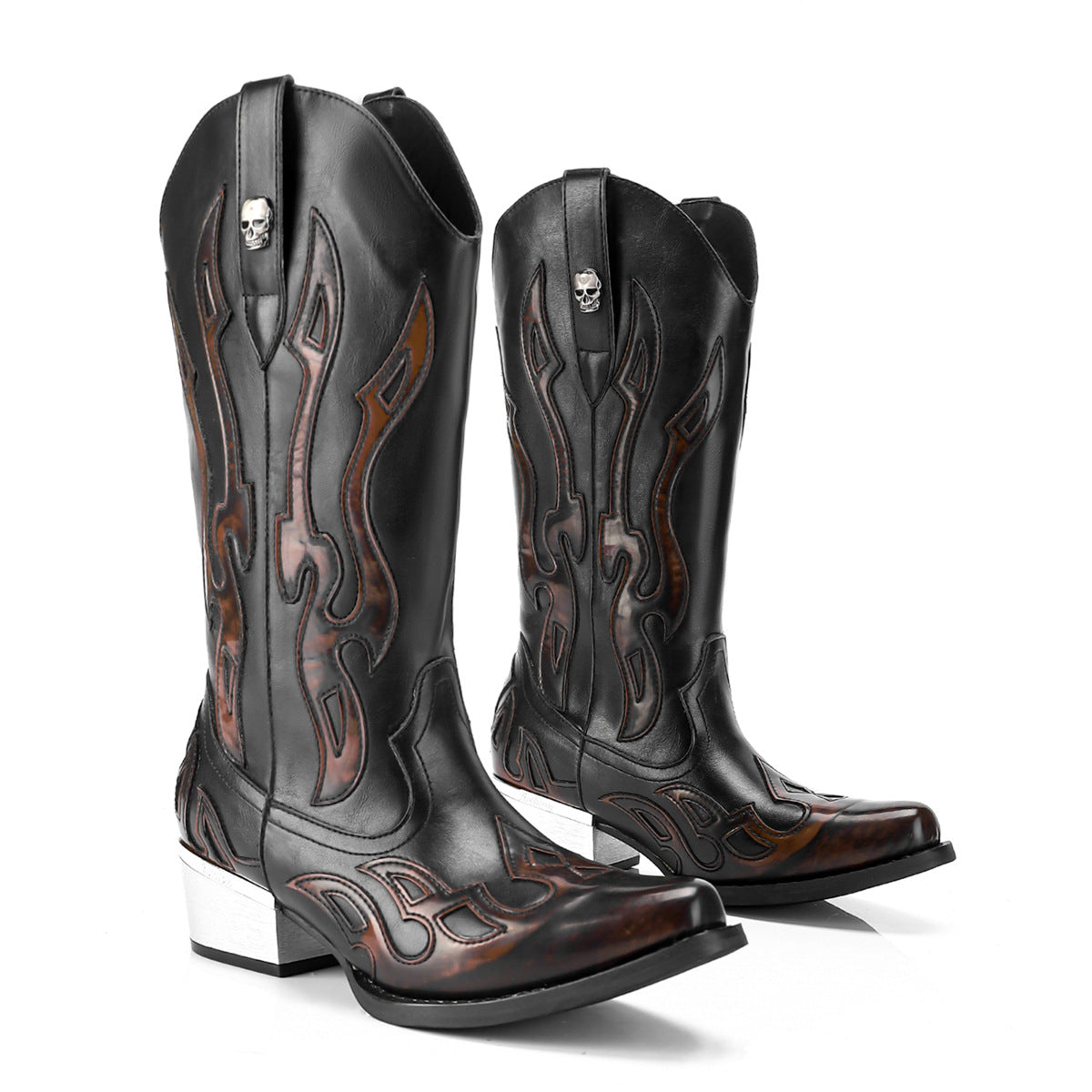 Women's & Men's American Size Embroidered Square Toe Thick Middle Vintage Women's Leather Boots