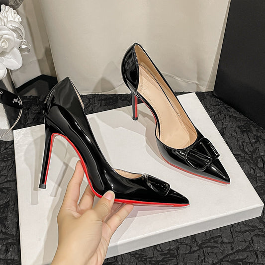 Fashion Pointed Buckle High Thin Patent Women's Shoes