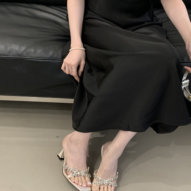 Women's Model Style High Young Rhinestone Satin Flat Slippers