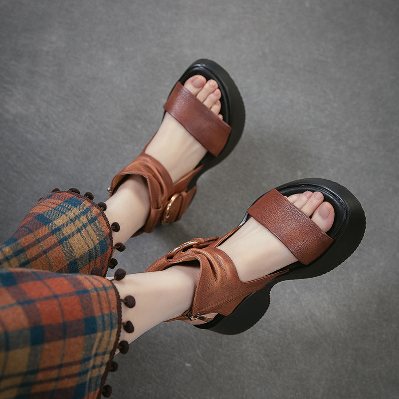 Women's Commuter First Layer Cowhide Ankle Side Zipper Small Height Platform Sandals