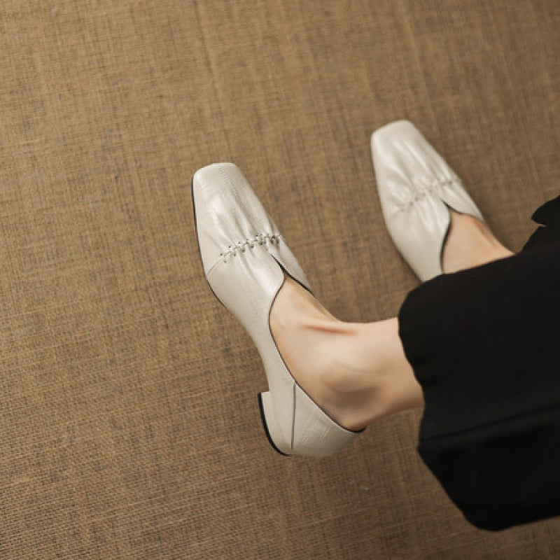 Women's French Vintage Style Square Toe Pleated Spring Pumps Slip-on Comfortable Leather Shoes