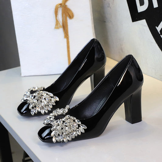 Women's Rhinestone Bow Dress Wedding Patent Elegant Square Toe Women's Fashion Shoes
