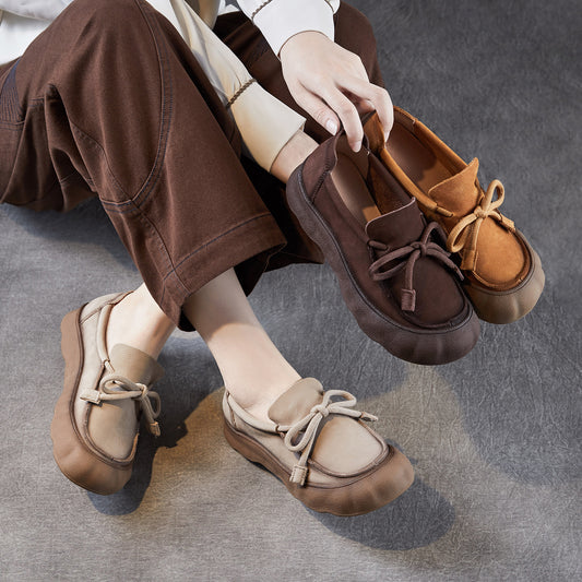 Women's Layer Cowhide Retro Lace Up Autumn Round Toe Soft Bottom Women's Casual Shoes