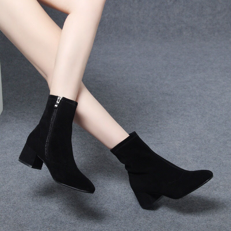 Women's Sheepskin Booties Matte Mid Chunky Suede Heels