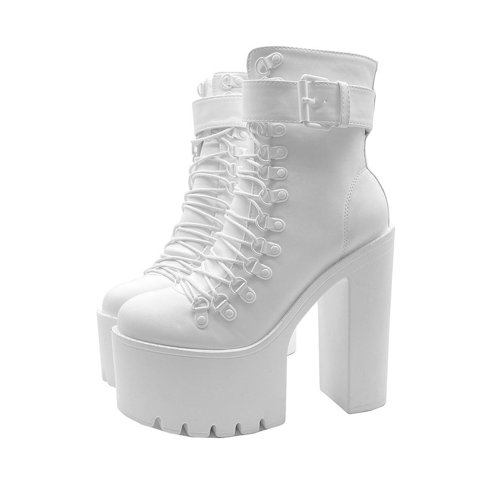 Women's High Platform Black Ankle Chunky Heels
