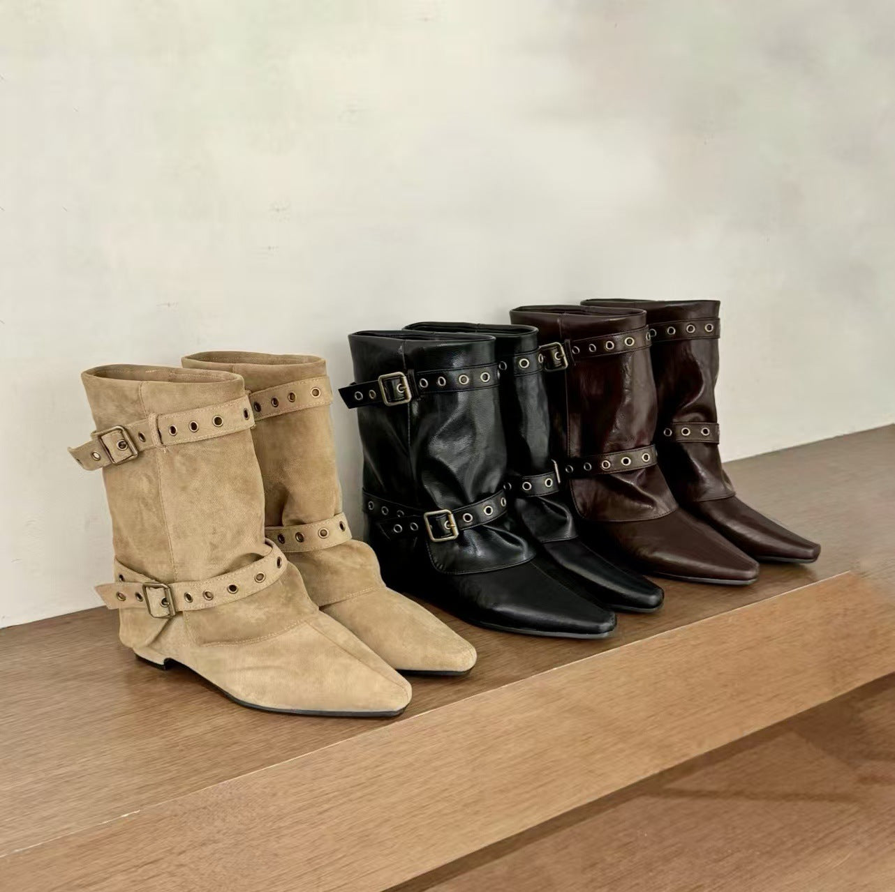 Women's Suede Square Toe Pantyhose For Western Cowboy Knight Women's Leather Boots