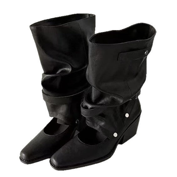 Women's Western Cowboy Pleated Pile Pants Pipe Black Round Retro Women's Leather Boots