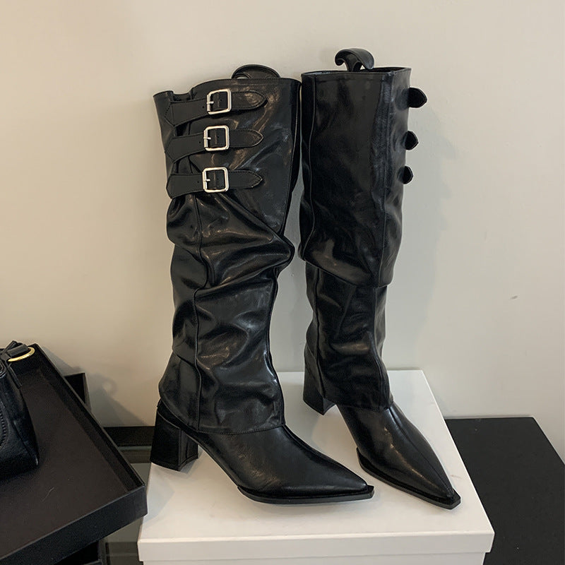 Women's Two-way Retro Hot Style High Long Thick Pleated Women's Leather Boots