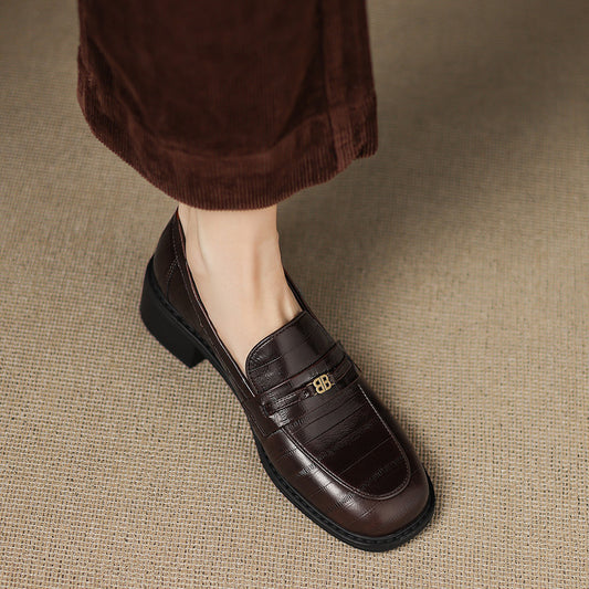 Spring Round Toe Slip-on Chunky Mid Cowhide Plus Loafers
