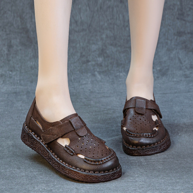 Women's Layer Cowhide Handmade Retro Punching Flat Sandals
