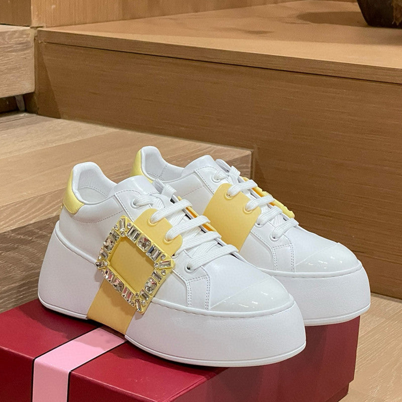 Women's Thick-soled High-rise Square Buckle Diamond White Genuine Platform Women's Casual Shoes