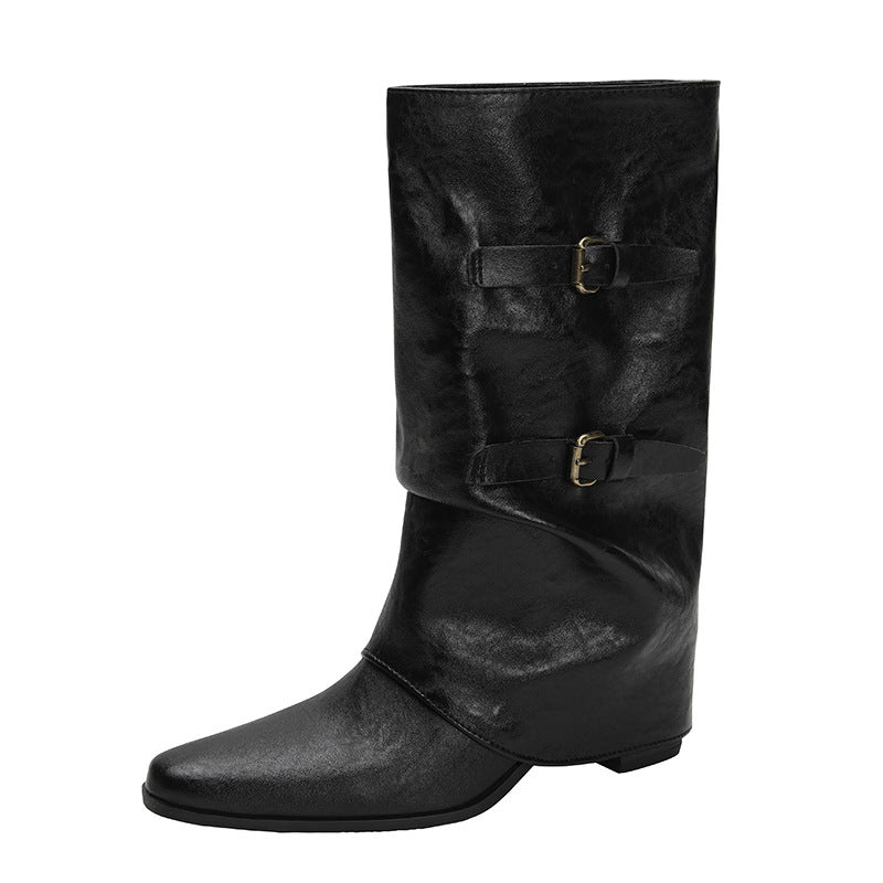 Fashionable Pointed Toe Mid Pants Belt Buckle Western Cowboy Middle Women's Leather Boots