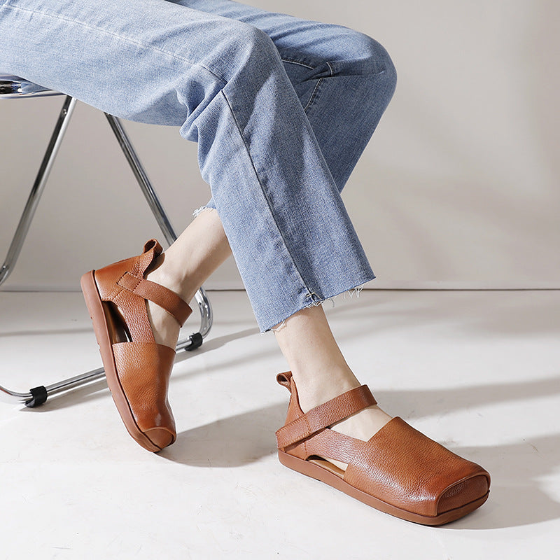 Women's Square Toe Soft Bottom Retro Genuine Flat Sandals