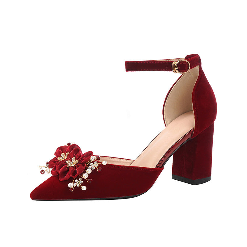 Women's Red Wedding Bridal Small Size Chunky Widened Fattened Heels