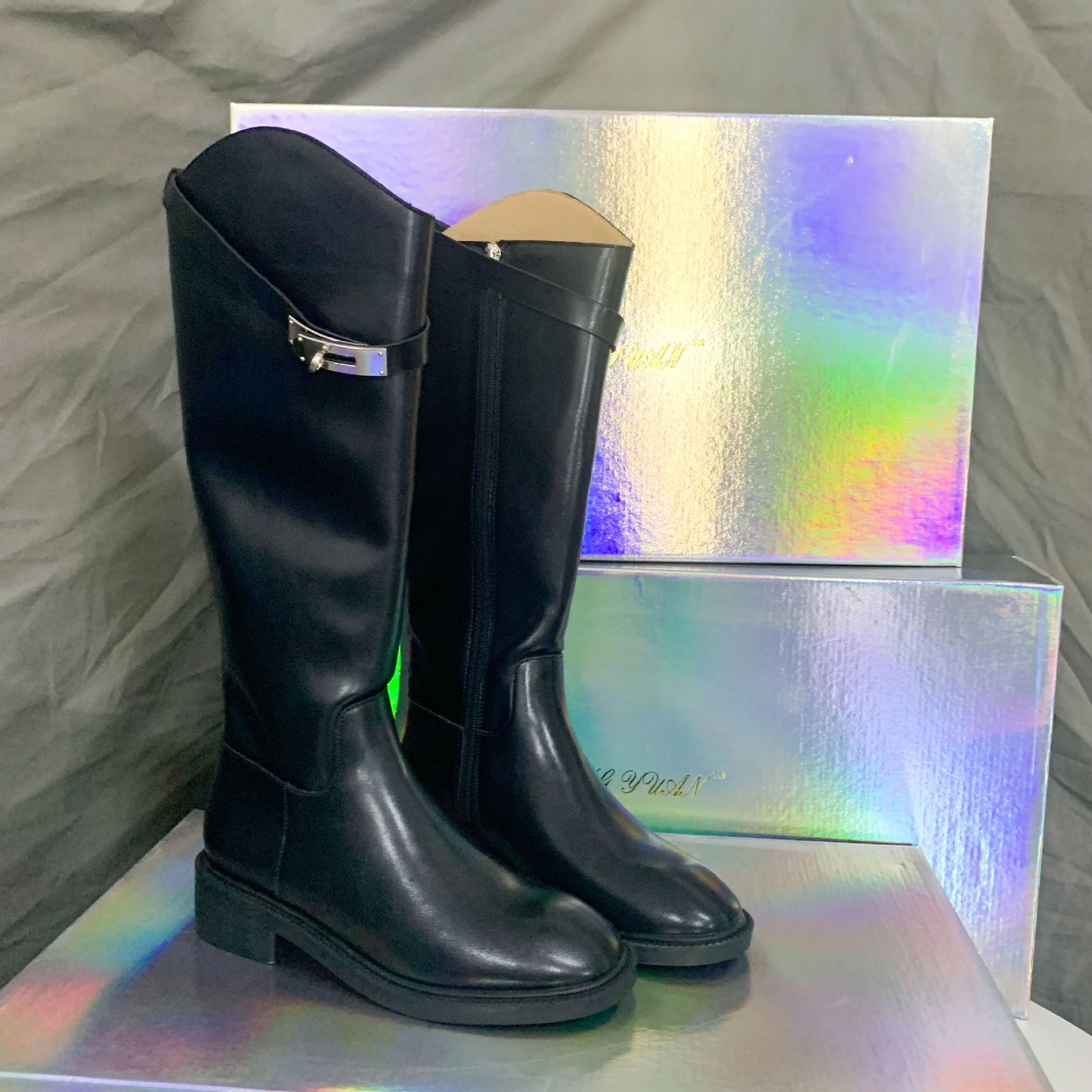 Second Hair Korean Style Slimming Oblique Lock Side Zipper Chunky Women's Leather Boots