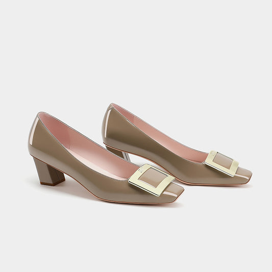 Women's Patent Square Buckle Chunky Mid Toe Low-cut Women's Fashion Shoes