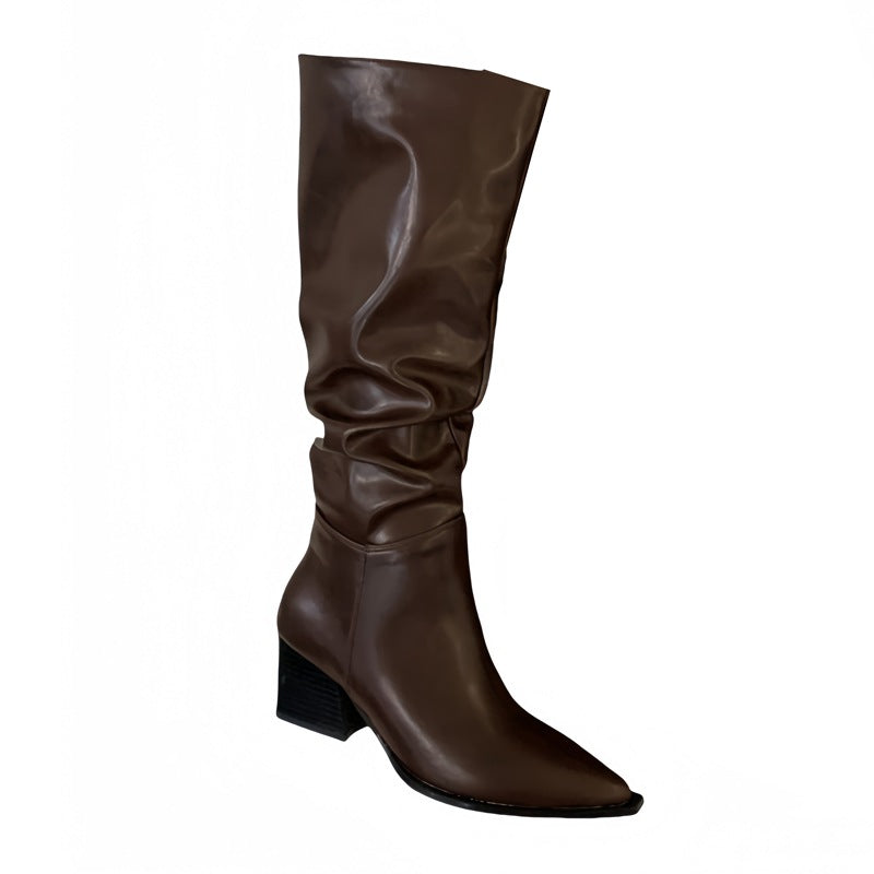 Long Female Tube Tail Thick-soled British Style Soft Pointed Women's Leather Boots
