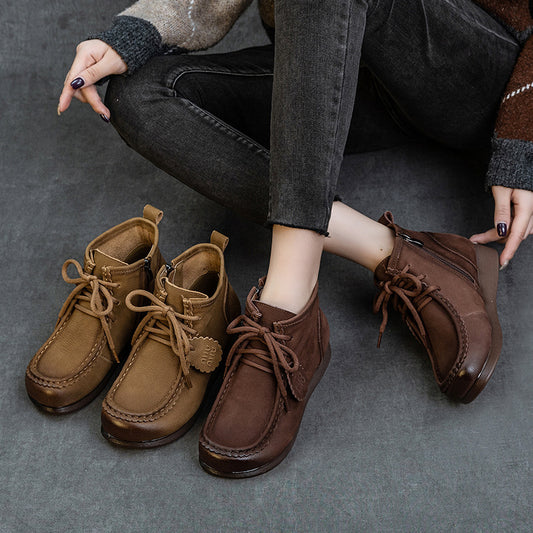 Women's Retro Comfortable Handmade Ankle Flat Platform High Top Low Tube Boots