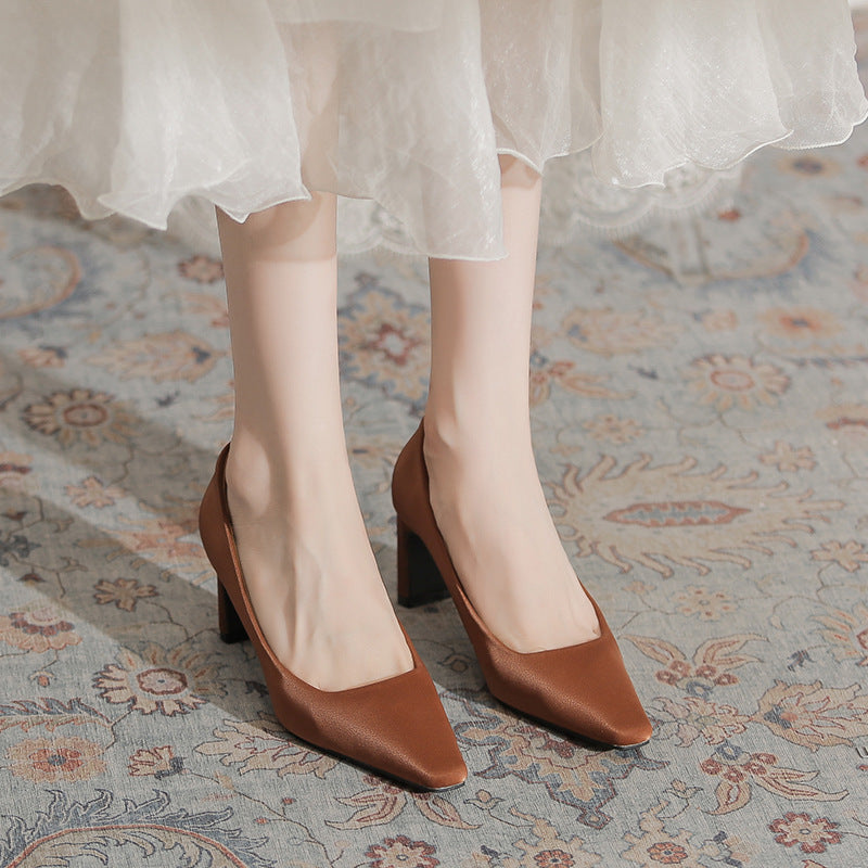Women's Chunky Square Toe Satin High Elegant Women's Fashion Shoes