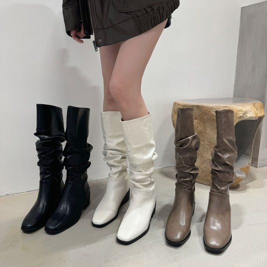 Women's Toe Pleated Pile Style Thick Below The Knee Long Tube Heels