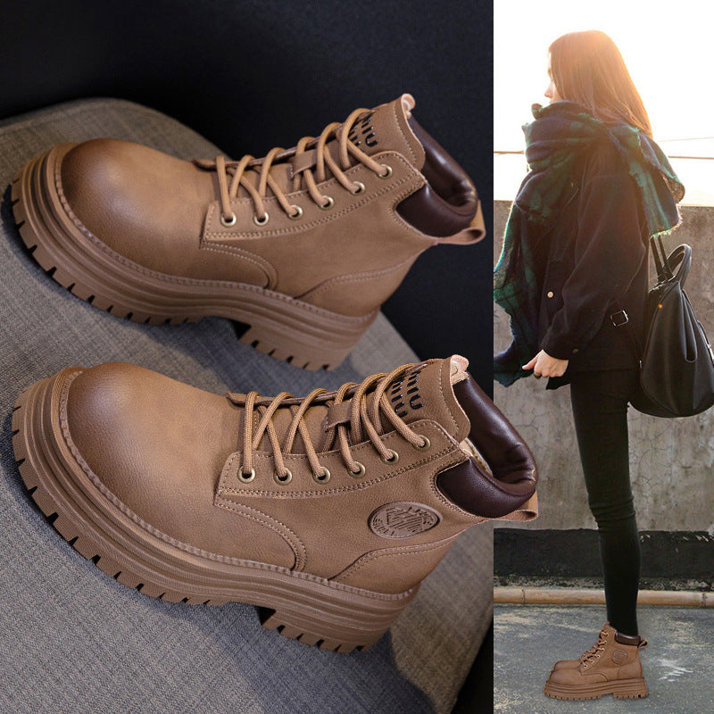 Women's Platform Elevator Wild Worker Retro Short Tube Women's Leather Boots