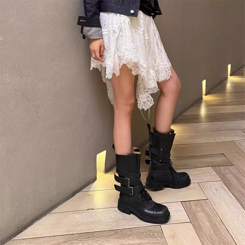 Women's High Motorcycle Knight Chunky Buckle Distressed Western Boots