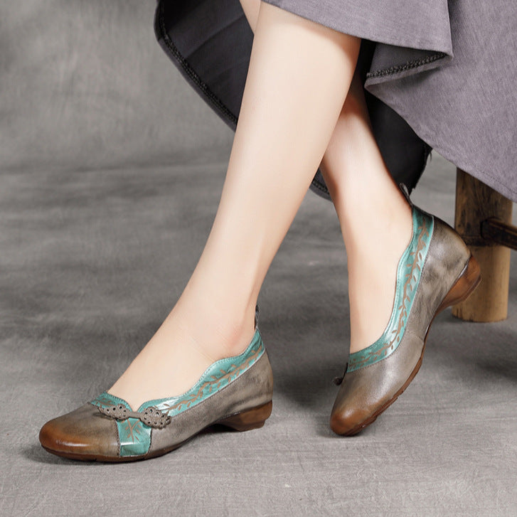 Women's Retro Round Toe Wide Feet Mouth Top Layer Women's Casual Shoes