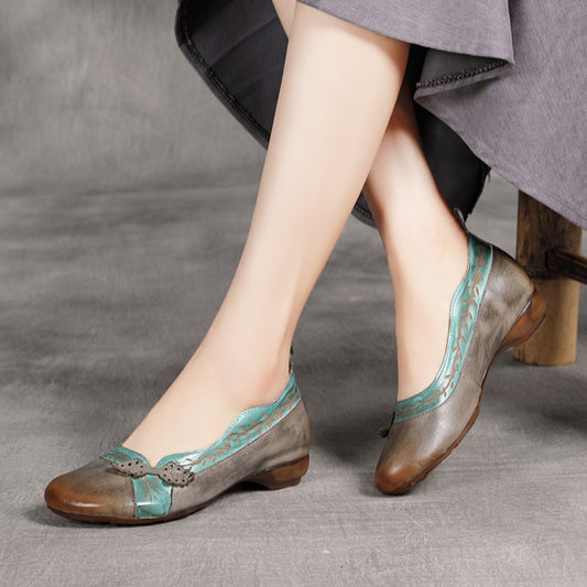 Women's Retro Round Toe Wide Feet Mouth Top Layer Women's Casual Shoes