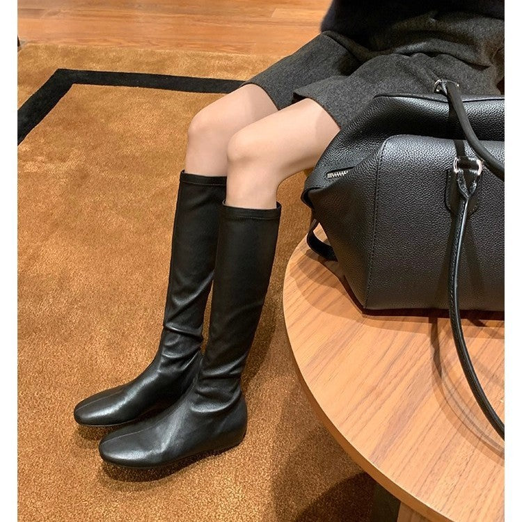 Women's Grape Mom Fashionable Round Toe Soft Stretch Thin Leggings Women's Leather Boots