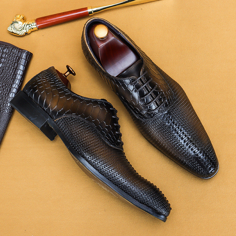 Men's Cowhide Formal Business Pointed Crocodile Embossed Leather Shoes