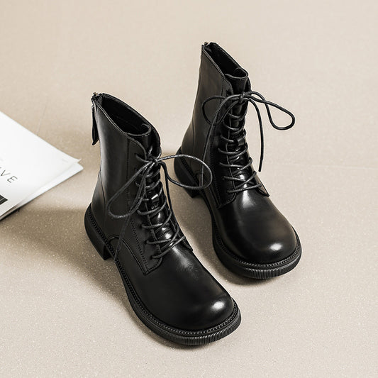 Women's For Fleece-lined British Style Thick Bottom Stretch Thin Booties Women's Leather Boots