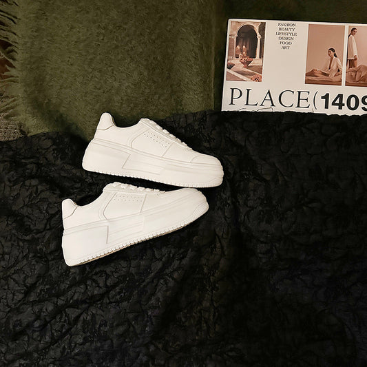 Women's White Genuine Elevator Platform Round Toe Sneakers