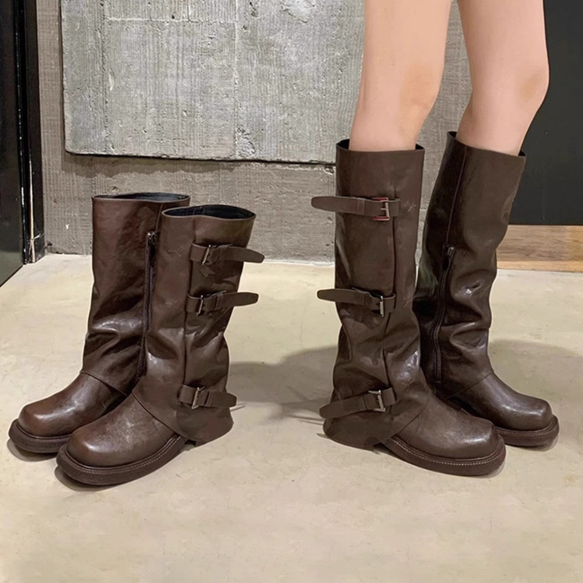 Women's Mid-length Pants Autumn Thick Bottom Pleated Pile Style Western Denim Women's Leather Boots
