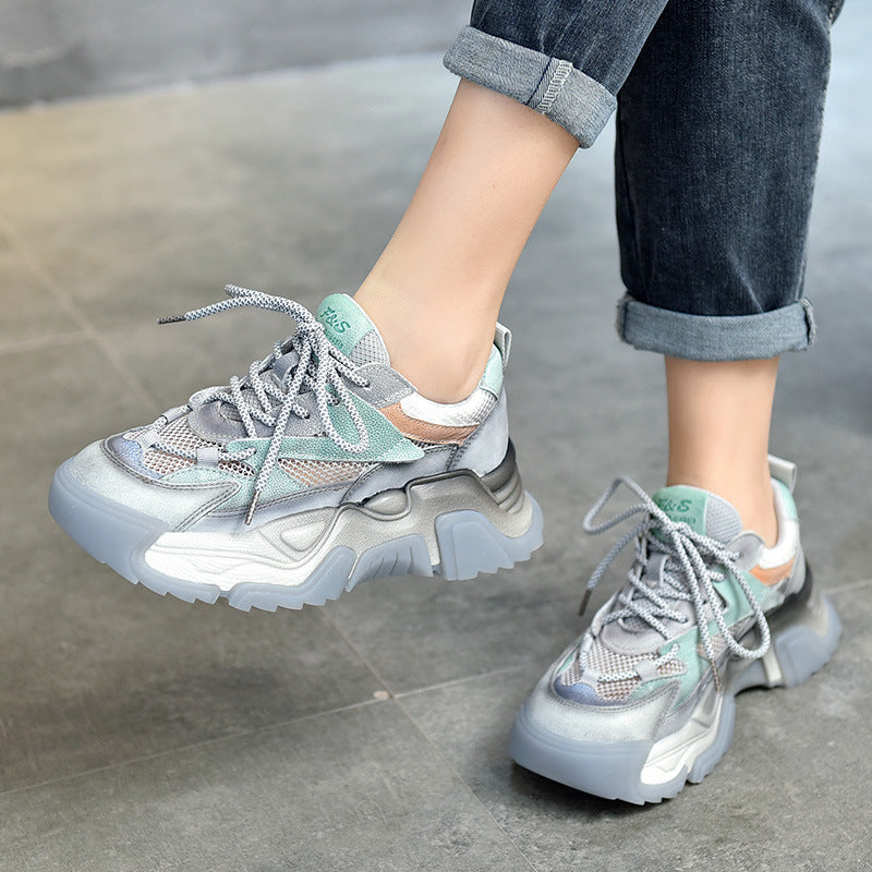 Women's Trendy Retro Platform Color Matching Mesh Round Casual Shoes