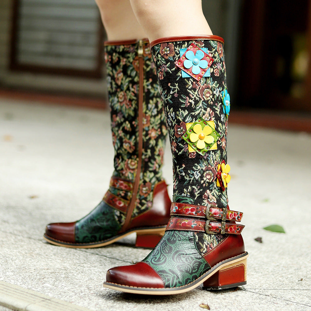Hand-rub Color Printing Stitching Three-dimensional Flower Belt Buckle Comfortable Boots
