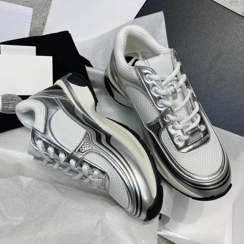 Women's Classic Style Sier Horn King Platform Dad Mesh Stitching Height Sneakers