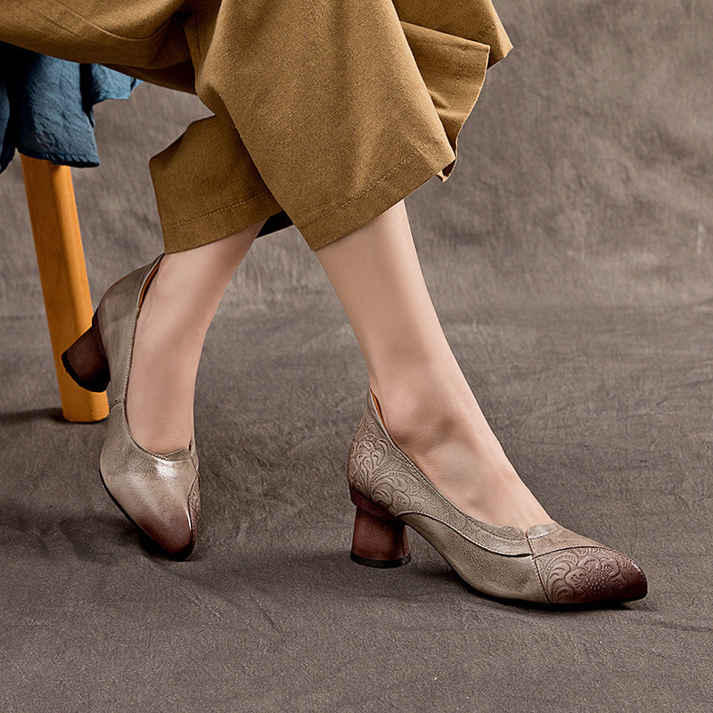Women's Mouth Embossed Top Layer Cowhide Pointed Toe Women's Casual Shoes