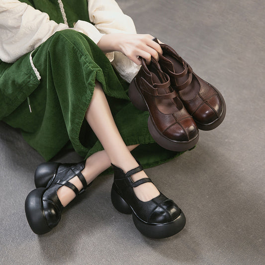 Women's Layer Cowhide Vintage Mary Jane Thick Bottom Heightened Single Round Women's Casual Shoes
