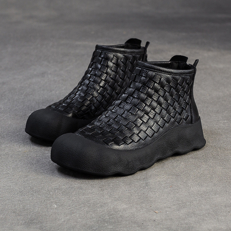Women's Handmade Weave Vintage Booties Comfortable Platform Women's Leather Boots