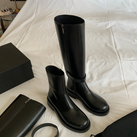 Women's Chunky Lock Pointed Round Toe Leg Straight Slimming Boots