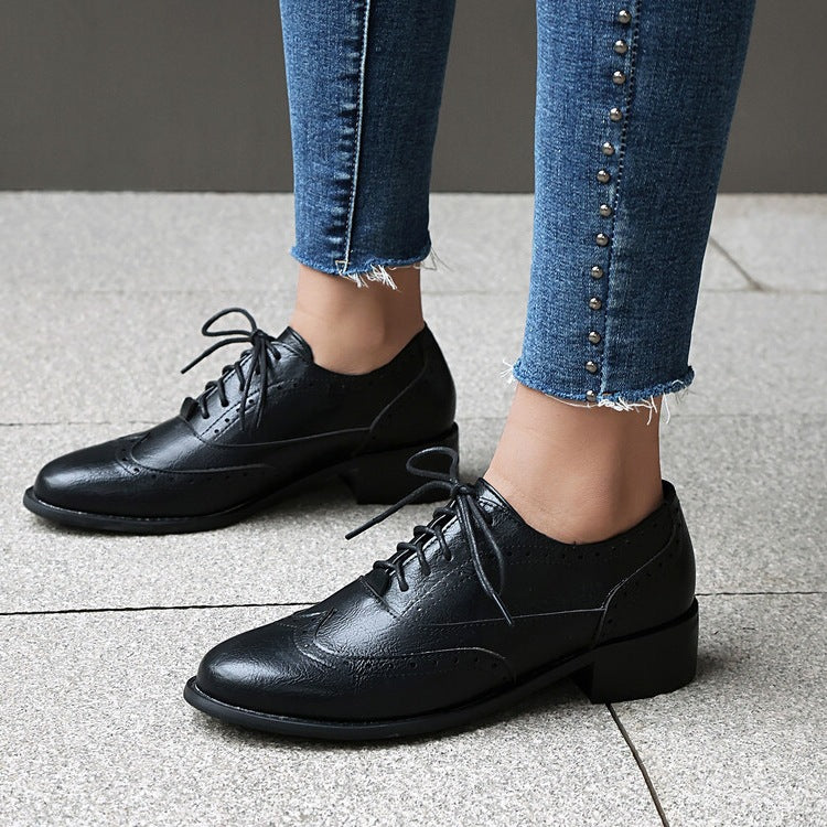 Women's Style Brogue Retro Flat Bottom Chunky Pumps Oxford Female Leather Shoes