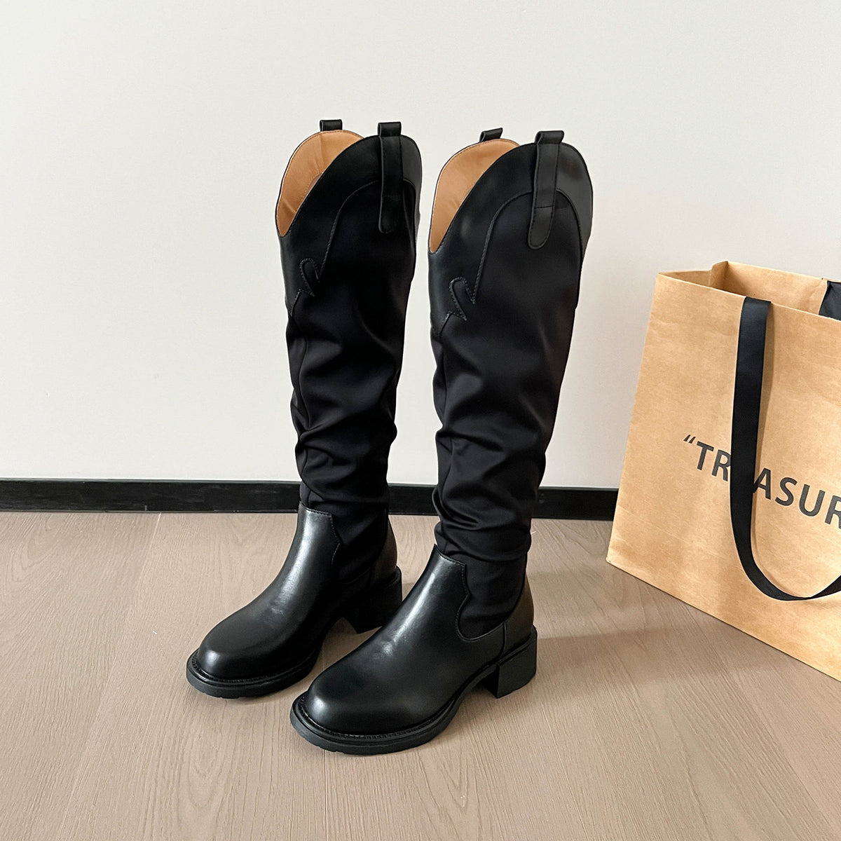 Women's The Knee V Cut High American Retro Western Cowboy Autumn Women's Leather Boots