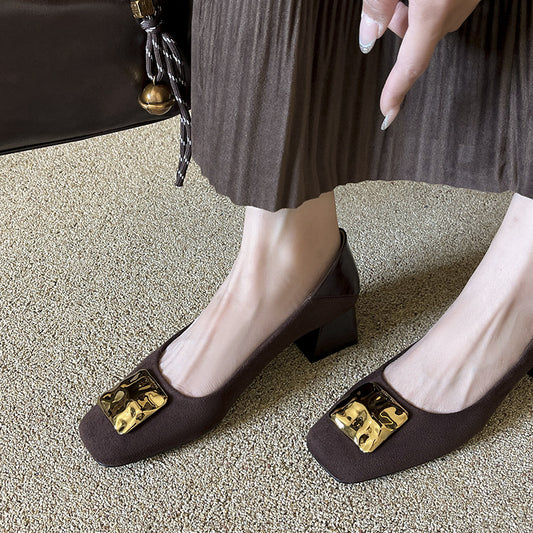 Women's Cashmere Square Toe Chunky Pumps Belt Mary Heels
