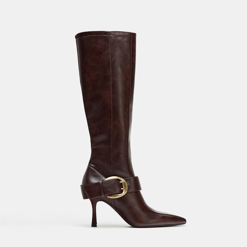 Women's Metal Buckle High Pointed Toe Skinny Heels